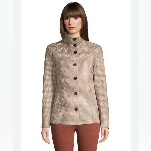 Lands’ End Light Pecan Houndstooth Packable Insulated Quilted Barn Jacket - Picture 1 of 14